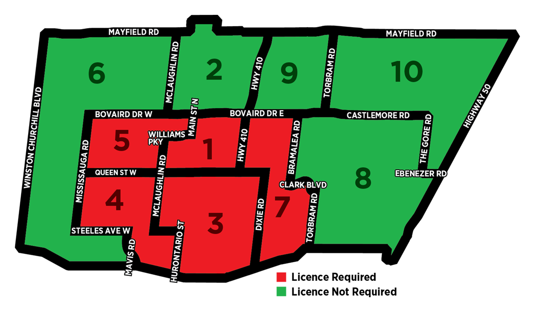 Map of Brampton broken down into wards.  Showing required wards 1, 3, 4, 5 and 7