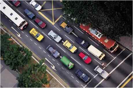 Aerial image of road filled with buses and cars