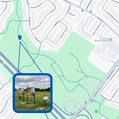 Map of Bramalea Limited Community Park with a marker showing the location of The Real Love Series art installation by Janice Reid.