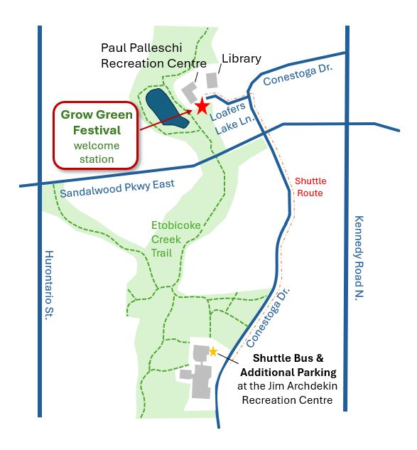 Map of routes to Grow Green Festival. Bike or walk along Etobicoke Creek Trail. Drive or take public transit. Take Shuttle Bus