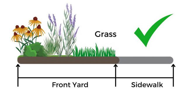 Diagram showing correct plant placement in the front yard near the sidewalk. Grass besides the sidewalk marked correct.
