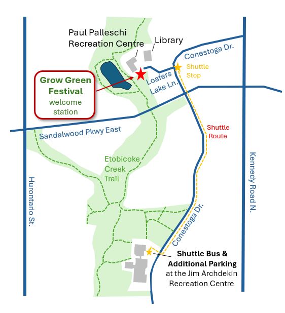 Map of routes to Grow Green Festival. Bike or walk along Etobicoke Creek Trail. Drive or take public transit. Take Shuttle Bus