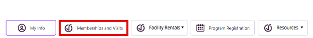 Screenshot showing the Memberships and Visits option in the top banner