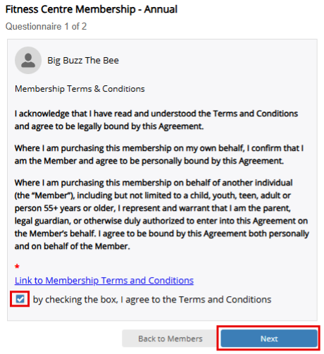 Screenshot of the Membership Terms and Conditions screen