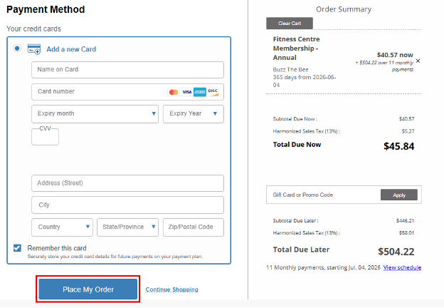 Screenshot of the payment method and Place My Order screen