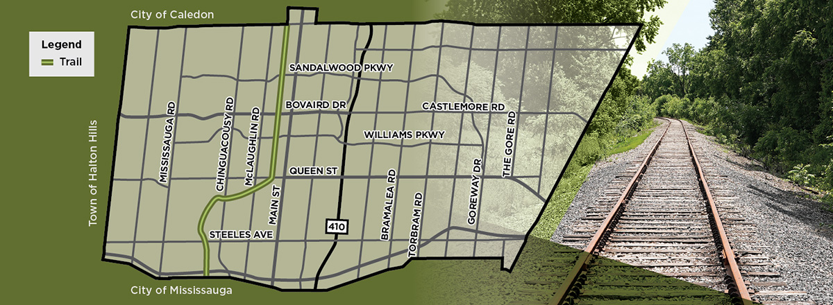 Map of the City of Brampton Illustrating the area belonging to the Brampton-Orangeville Rail Trail shown as a green line.