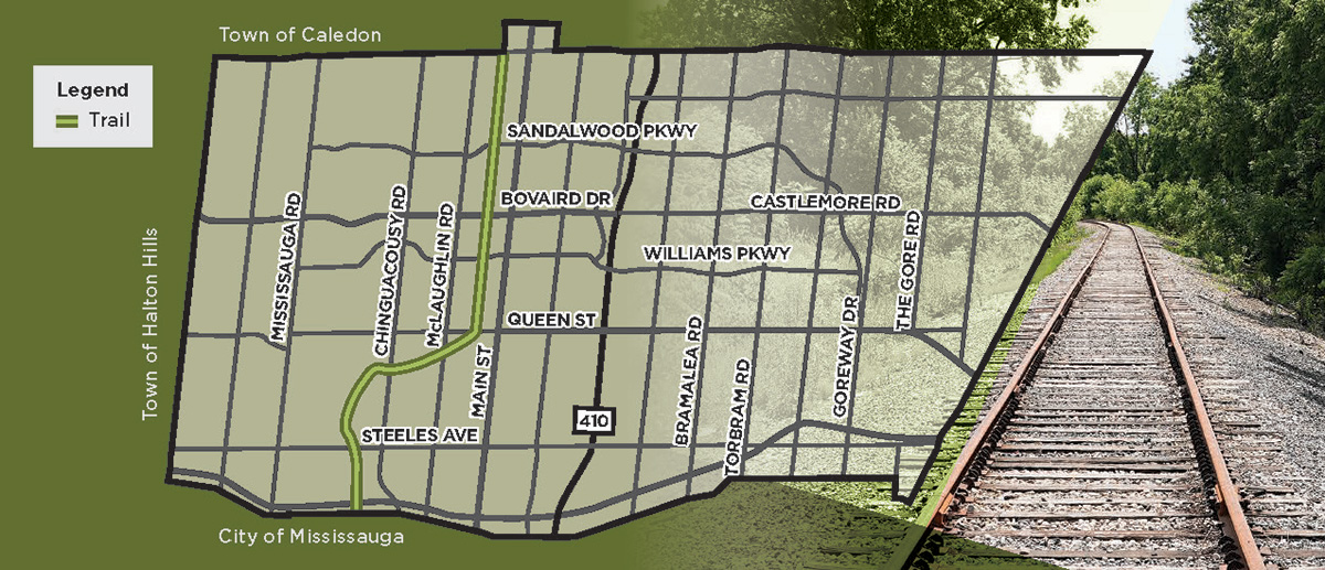 Map of the City of Brampton Illustrating the area belonging to the Brampton-Orangeville Rail Trail shown as a green line.