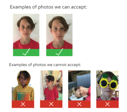 A young boy demonstrating accepted and not-accepted photos.
