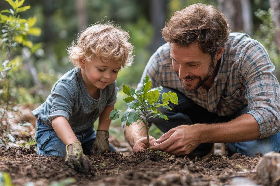 A father and his son planting a tree